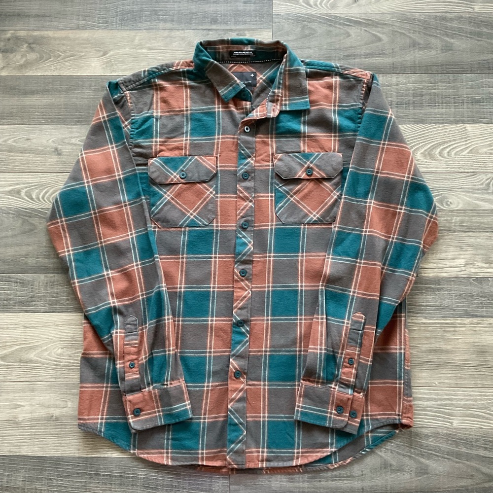 Tavik Vincent Flannel Shirt Men’s LARGE Brown Green White Plaid Button Up